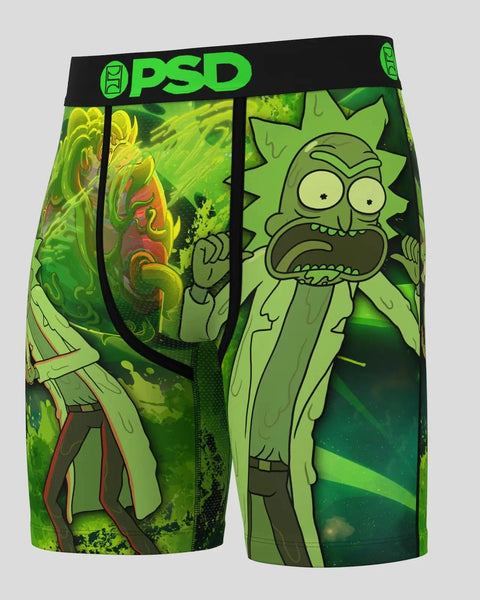 PSD boxer briefs featuring Rick and Morty characters in green and yellow slime design with black waistband.