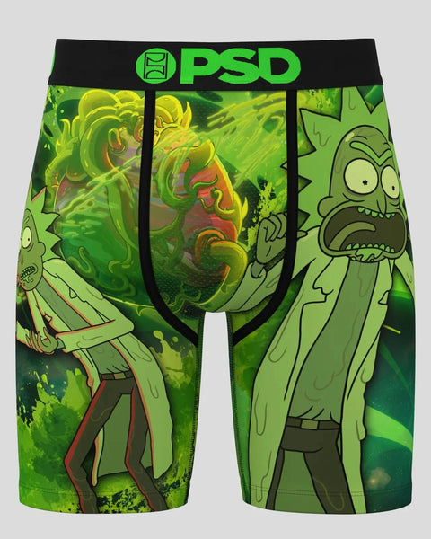PSD boxer briefs featuring Rick and Morty characters in green slime design with black waistband.