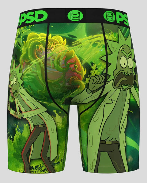 Green PSD underwear shorts with Rick and Morty cartoon characters and yellow slime design throughout.
