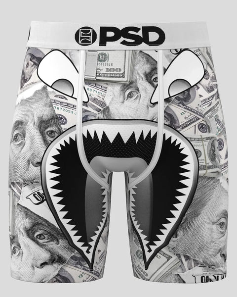 PSD shorts with monster mouth graphic and dollar bill pattern throughout.