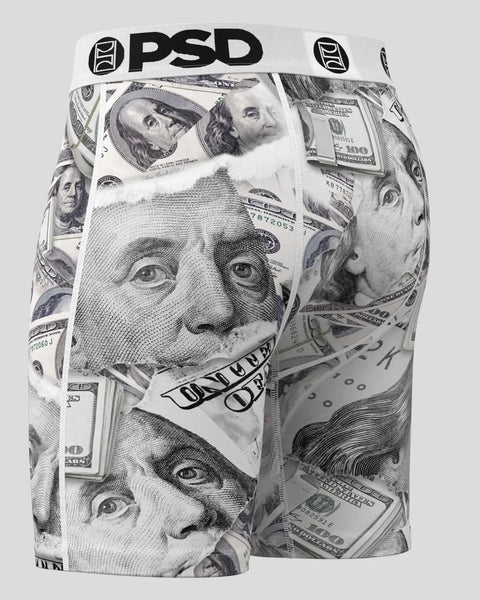 PSD brand underwear with all-over black and white U.S. currency and historical figure portrait print.