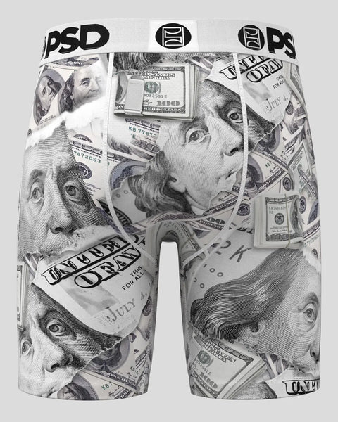 PSD white boxer briefs with black and white dollar bill and portrait print throughout.
