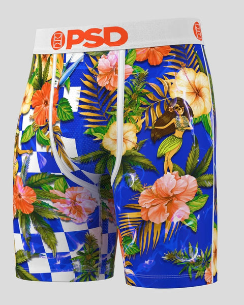 Men's boxer briefs with blue, white checkered, and tropical floral print featuring hibiscus flowers, palm fronds, and orange 