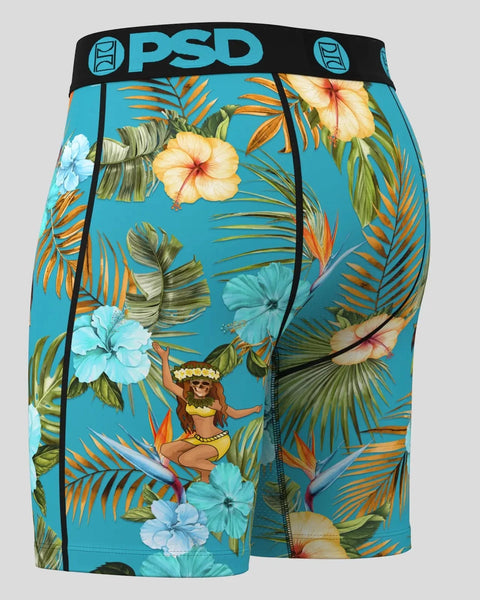 PSD boxer briefs with turquoise background, tropical flowers, palm fronds, and illustrated figure in center.