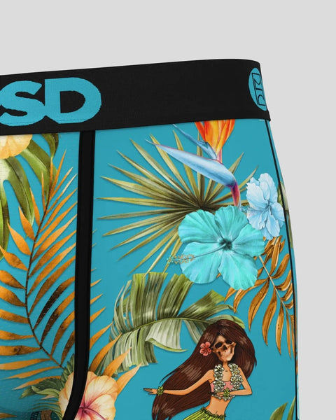 Turquoise swim trunks with tropical flowers, palm fronds, and illustrated woman figure with black waistband.