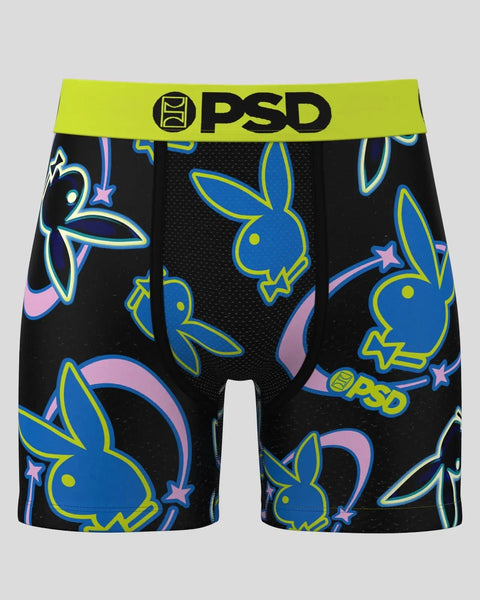 PSD men's boxer briefs with lime green waistband and black fabric featuring blue Playboy bunny logos with pink and yellow acc