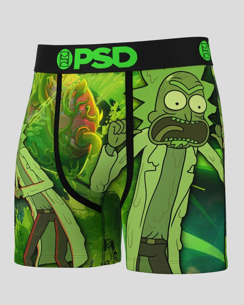 Green OPD boxer briefs featuring Rick character with slime and animated scenes on front and back.