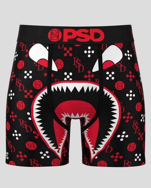 Black PSD boxer briefs with red and white monster face graphic, repeating logo pattern, and white waistband.