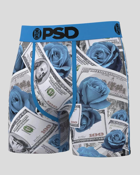 Three pairs of boxer briefs with blue waistbands featuring a pattern of blue roses and dollar bill imagery.
