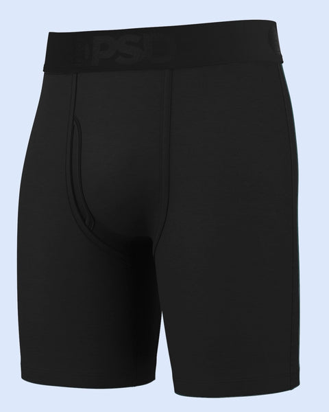 Three black modal boxer briefs with elasticated waistband and seamed construction displayed on light blue background.