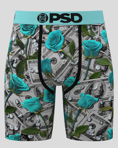Teal and gray boxer briefs with teal roses, dollar bills, diamonds, and portraits throughout, featuring teal waistband with P