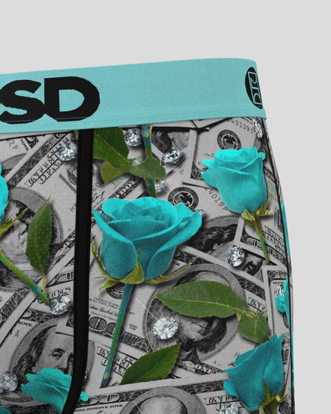 Teal waistband with black text on boxer brief featuring turquoise roses and green leaves on black and white dollar bill backg