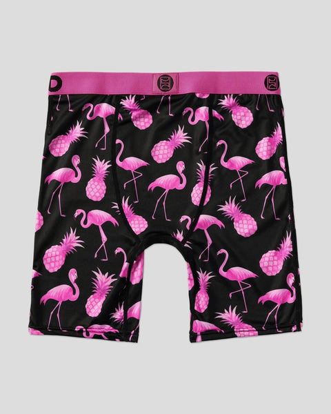 Black boxer briefs with pink flamingo and pineapple print, pink waistband with logo.