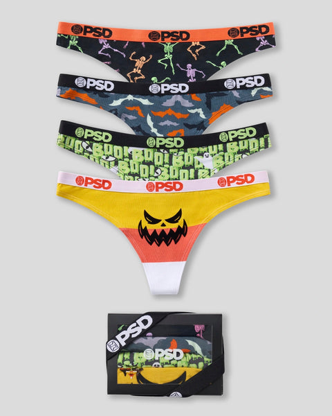 Four modal briefs with PSD waistbands in Halloween-themed prints: skeleton, camouflage, lime green text, and jack-o'-lantern 