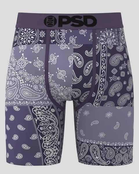 Dusk purple boxer briefs with white bandana and paisley patterned panels, PSD waistband.