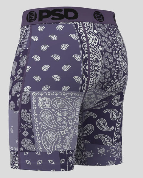 Purple bandana-patterned boxer briefs with PSD waistband and white paisley and geometric designs.