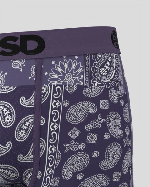 Dusk purple bandana with white paisley and geometric patterns, shown folded with branded waistband visible.