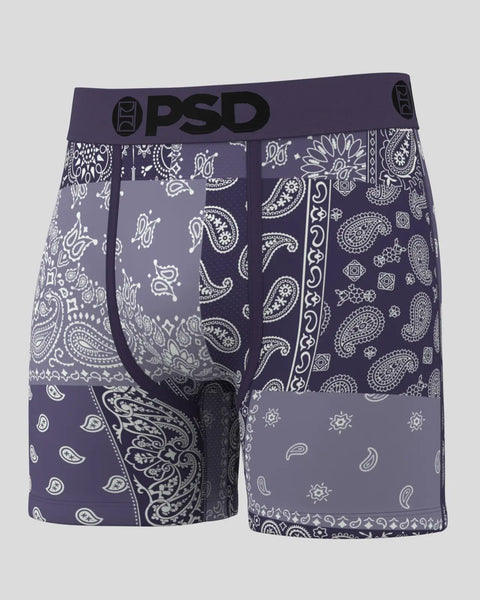 Dusk purple boxer shorts with white bandana and paisley patterned panels and black PSD waistband.