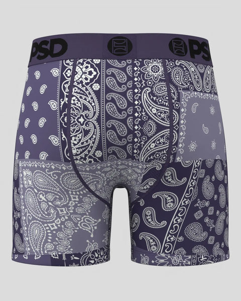 Dusk purple bandana-patterned boxer briefs with white paisley and geometric designs, elastic waistband with brand logo.