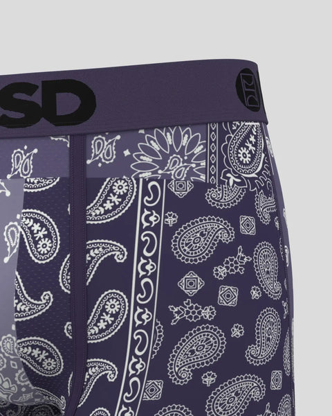 Dusk purple bandana with white paisley and geometric patterns throughout.