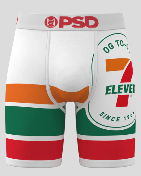 PSD boxer briefs featuring 7-Eleven branding with red, green, orange and white horizontal stripes and logo print.