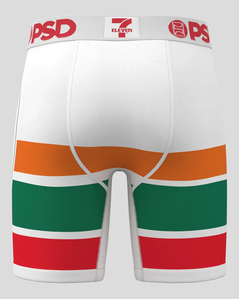 White, orange, green, and red striped underwear with 7-Eleven and PSD branding on waistband.