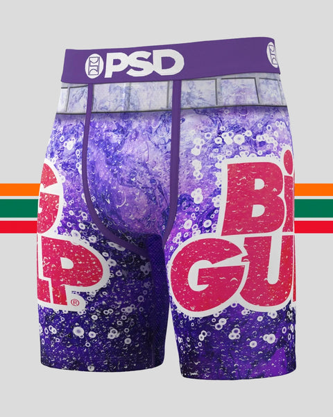 PSD boxer briefs with purple Big Gulp graphic and water droplet texture design.