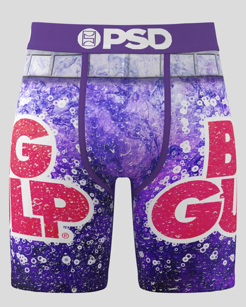 PSD boxer briefs with purple Big Gulp graphic, water droplet pattern, and red text on white and purple panels.
