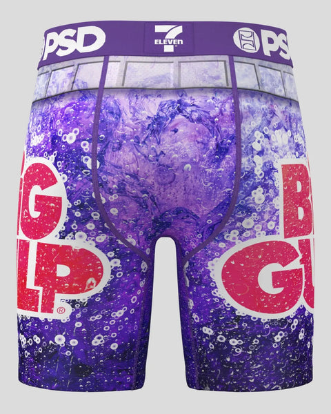 PSD boxer briefs featuring purple Big Gulp graphic with bubbles, red text panels, and 7-Eleven branding on waistband.