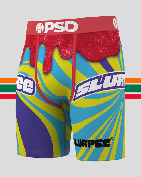 PSD boxer shorts with red waistband and colorful blue, yellow, and purple striped design featuring Slurpee branding.