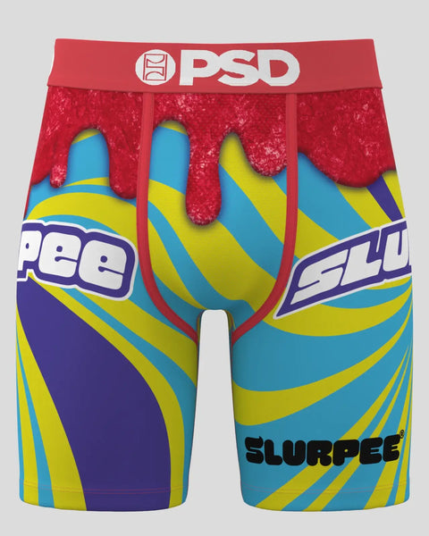PSD boxer briefs with Slurpee branding, red waistband, blue and yellow striped design, and red frozen drink graphic on front.