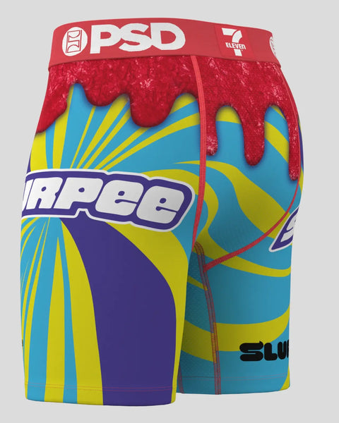Red PSD boxer briefs with blue, yellow, and purple Slurpee graphic print and red waistband.