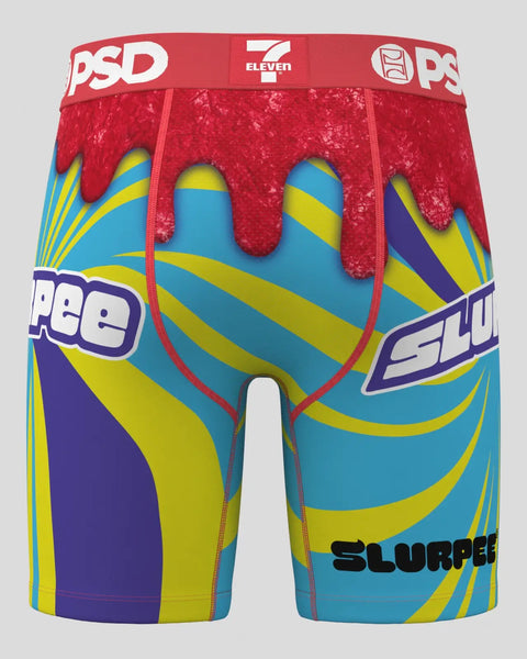 PSD boxer briefs with 7-Eleven Slurpee branding, red waistband, blue and yellow striped pattern, red textured front panel.