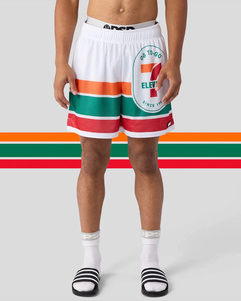 White mesh athletic shorts with 7-Eleven cup graphic and horizontal stripes in orange, green, and red.