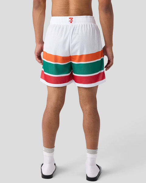 White, orange, green, and red mesh athletic shorts with 7-Eleven logo on waistband.