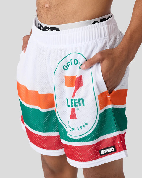 White mesh athletic shorts with 7-Eleven cup logo and red, orange, and green horizontal stripes.