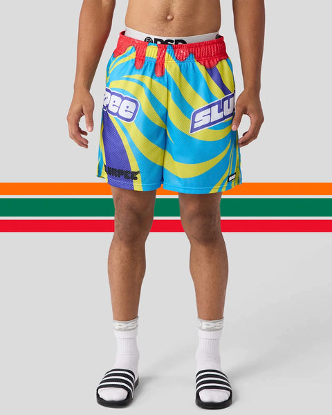 Men's athletic shorts with red waistband and colorful blue, yellow, and purple striped pattern featuring 