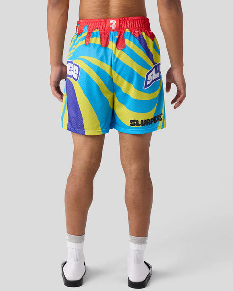 Men's athletic shorts with red waistband and blue, yellow, and purple striped pattern, featuring Slurpee branding and logo.