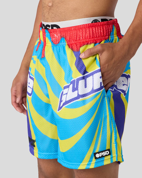 Men's athletic shorts with red waistband and colorful yellow, blue, and purple striped pattern with 7-Eleven branding.