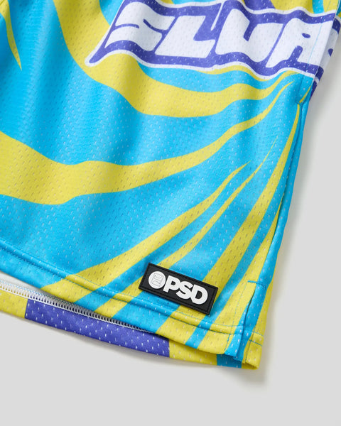 Mesh athletic short with blue and yellow wavy stripes, Slurpee logo, and OPSD brand label on hem.