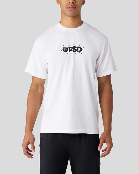 White short-sleeve t-shirt with black PSD graphic logo and decorative elements on chest.