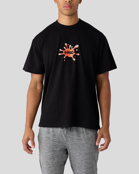 Black short-sleeve t-shirt with red and white splatter graphic on chest.