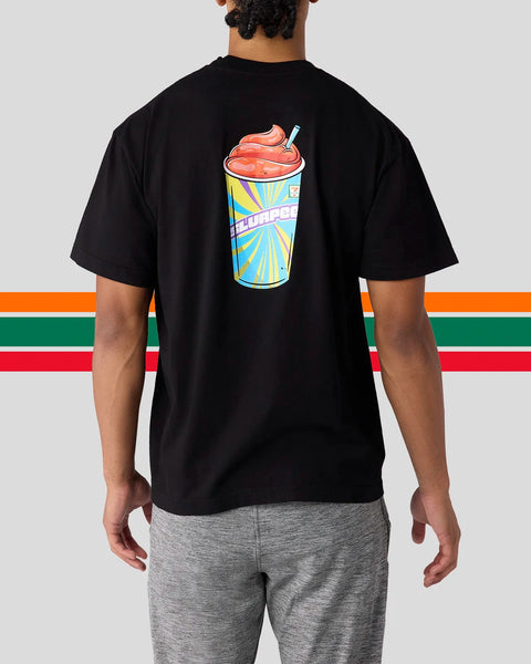 Black t-shirt with colorful cherry Slurpee cup graphic on back.
