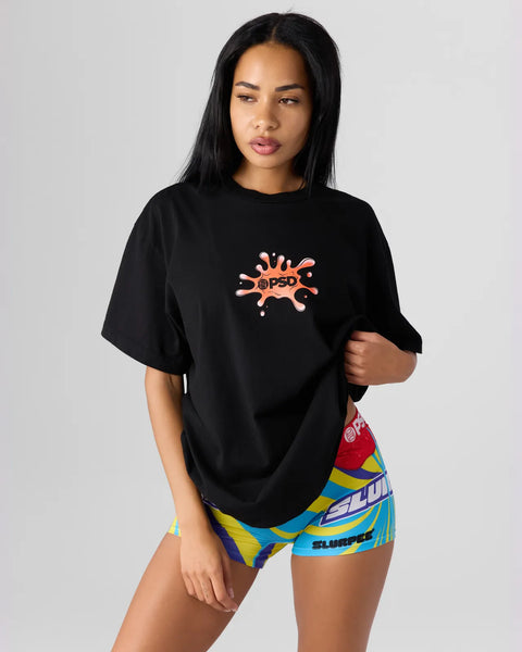 Black crew neck t-shirt with orange splash graphic and 