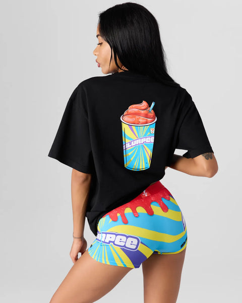 Black t-shirt with colorful cherry Slurpee cup graphic printed on back.