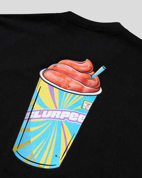 Black t-shirt with large colored graphic of cherry-topped Slurpee cup on front.