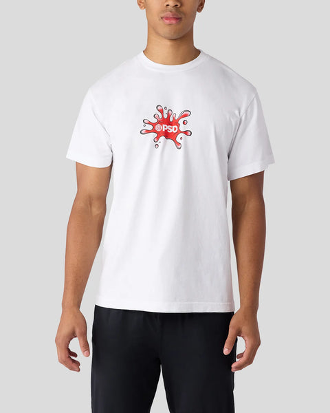 White short-sleeve crew neck t-shirt with red splat graphic and 