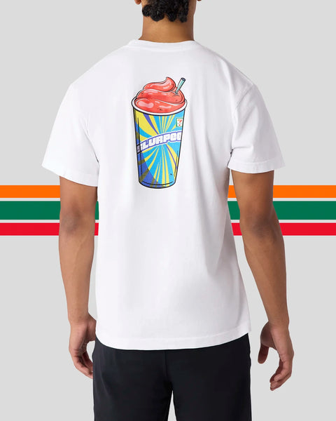 White t-shirt with red cherry Slurpee cup graphic on back and horizontal stripe design.