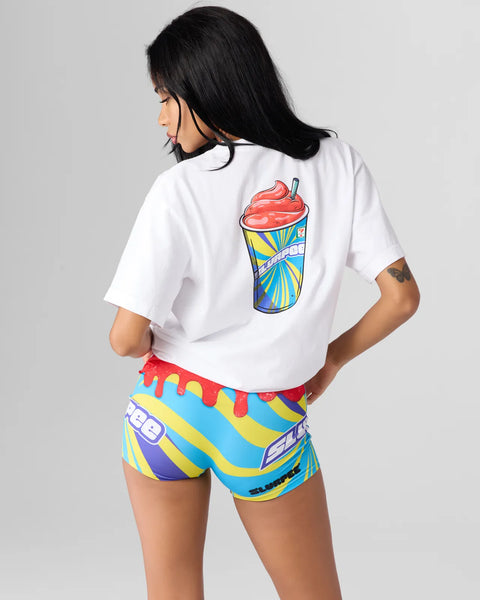 White short-sleeve tee with red cherry Slurpee cup graphic printed on back.