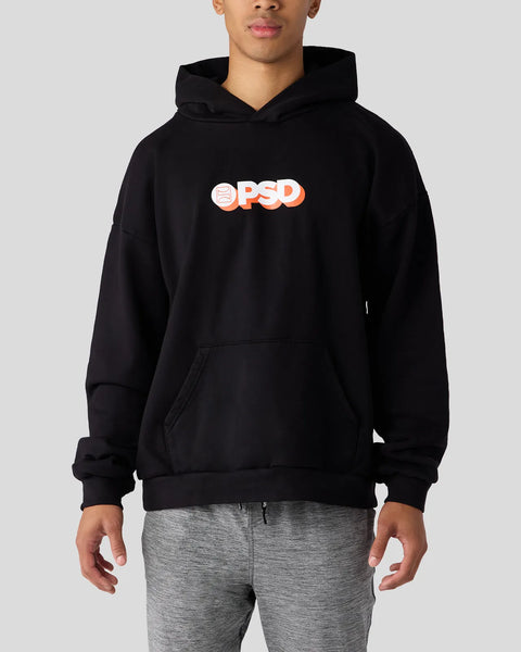 Black pullover hoodie with white and orange 